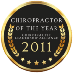 Chiropractor of the Year award badge from Chiropractic Leadership Alliance, highlighting Dr. Cherine Reid's expertise in chiropractic care and wellness.