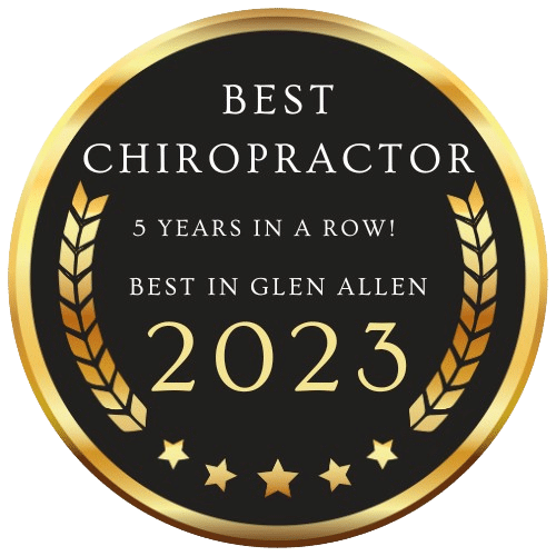 Best Chiropractor award badge, recognizing HFC Wellness as the top chiropractic provider in Glen Allen for 2023, emphasizing five consecutive years of excellence.