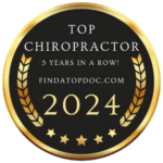 Top Chiropractor award badge for 2024, recognizing excellence in chiropractic care for five consecutive years, associated with HFC Wellness.