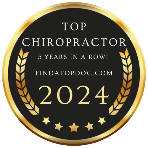 Top Chiropractor award badge for HFC Wellness, recognizing five consecutive years of excellence in chiropractic care, 2024.