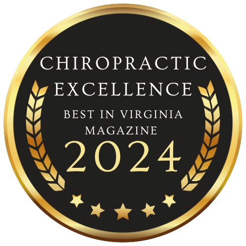 Chiropractic Excellence award badge, Best in Virginia Magazine 2024, symbolizing HFC Wellness's commitment to drug-free pain relief and overall wellness.