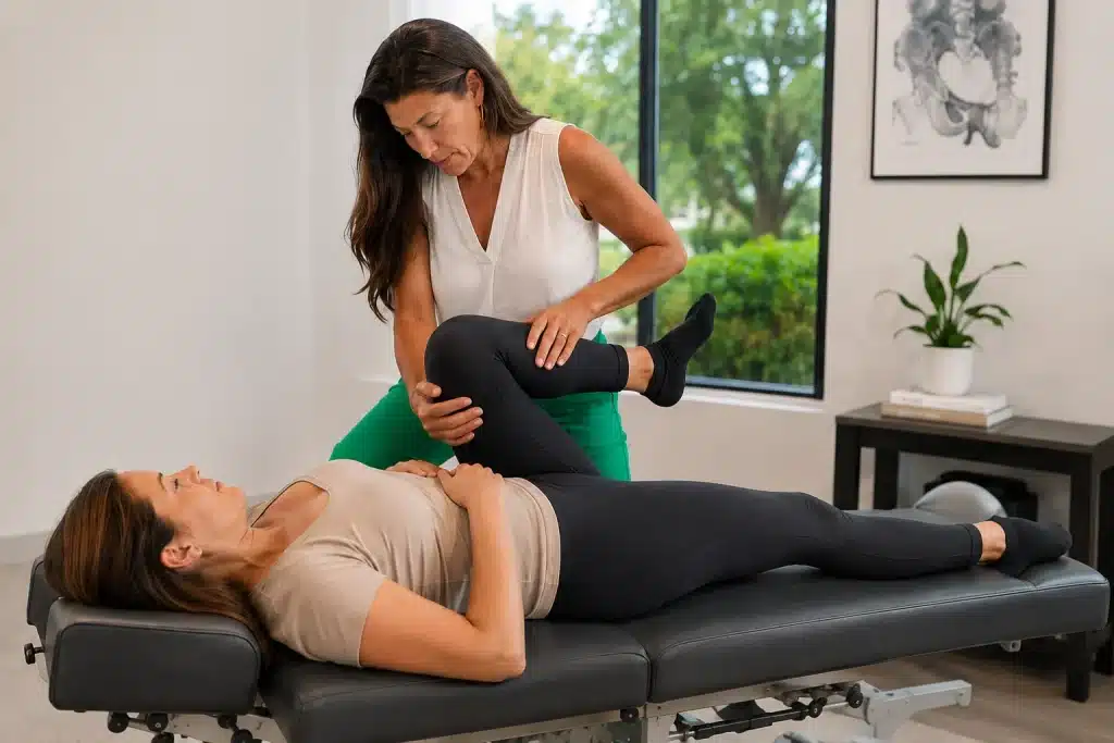 Woman stretching her hip at home for natural hip pain relief