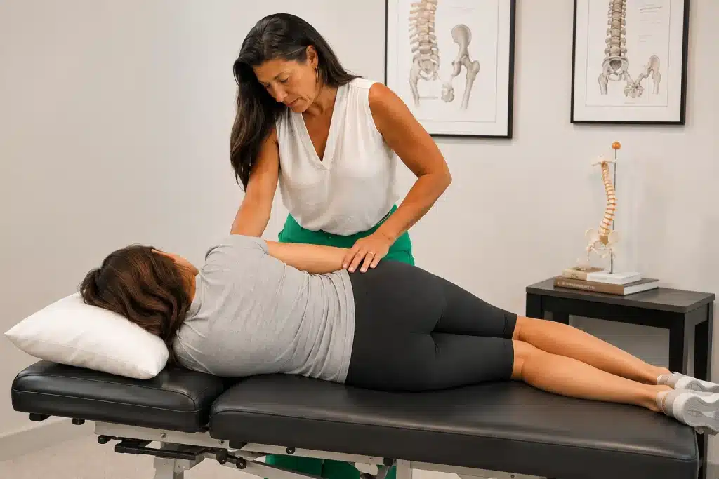 Woman stretching her hip at home for natural hip pain relief