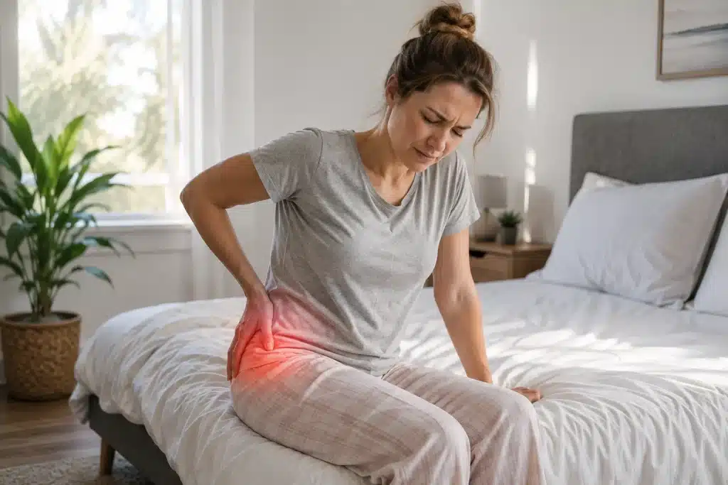 Woman waking up with morning hip pain and stiff hips after sleeping