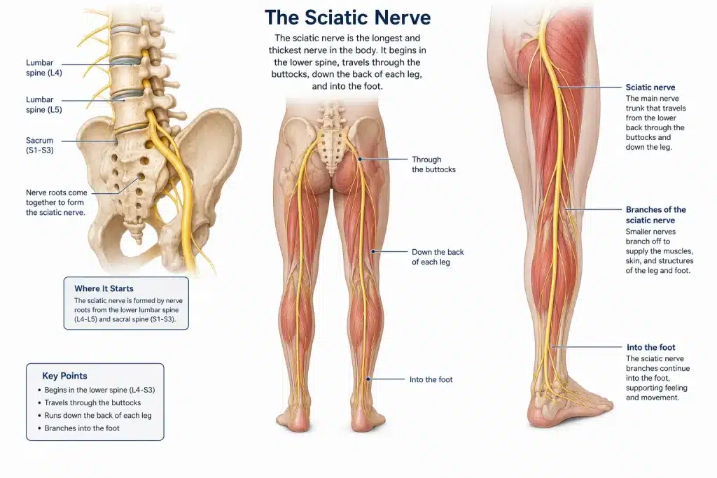 Diagram of sciatic nerve pain from the lower back down the leg